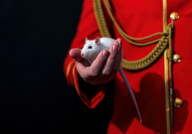 Topo da laboratorio bianco nella mano dell'uomo con il vestito rosso da ussaro