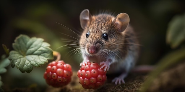 Topo Grigio Selvaggio Che Mangia Lampone Nella Foresta