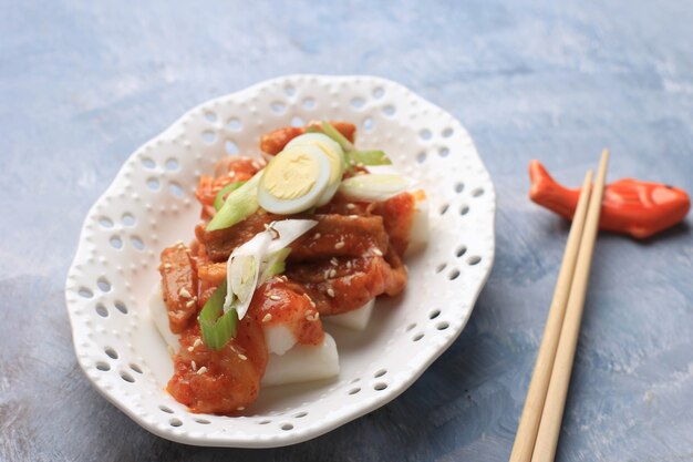 Topokki o Tteokbokki è una torta di riso saltata in padella con verdure e torta di pesce in salsa piccante con semi di sesamo, famoso e popolare cibo di strada coreano