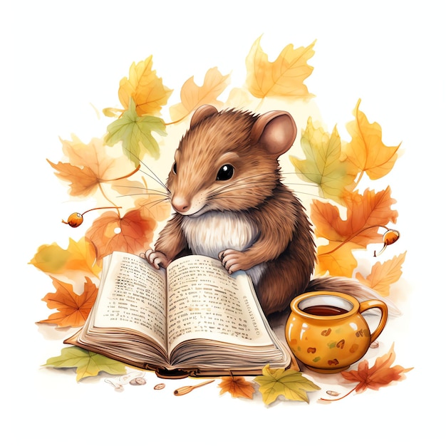 Toporagna con libro e tazza nel bosco autunnale