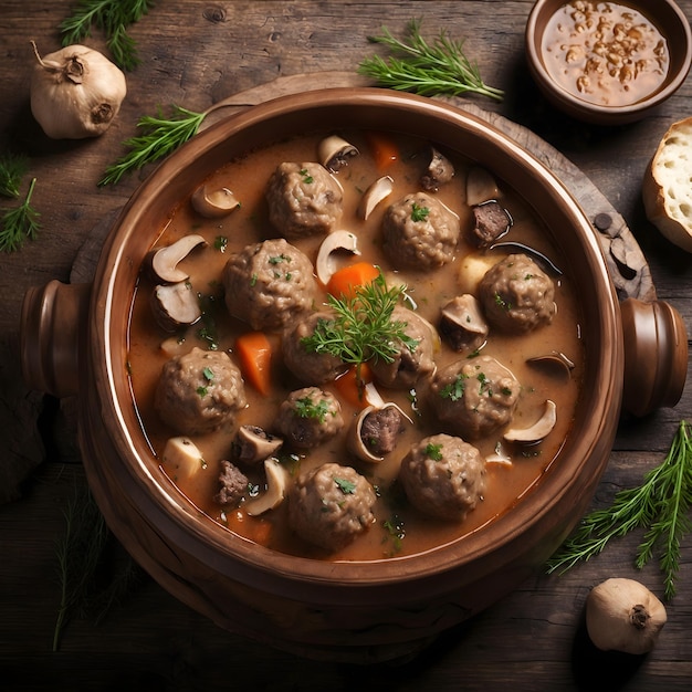 TopView zuppa con polpette e funghi in ciotola di argilla