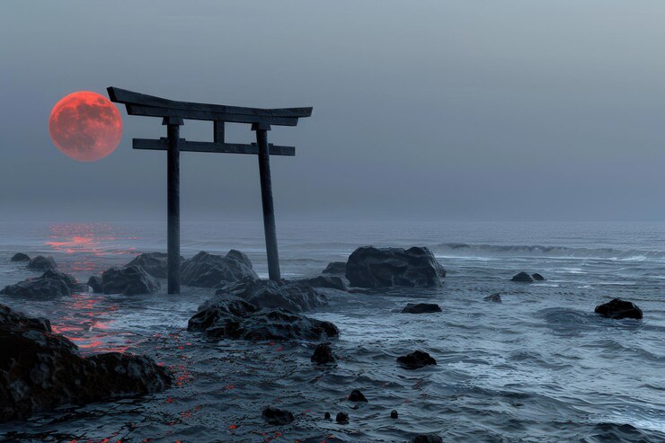Torii gate place sul fiume e il tramonto sullo sfondo