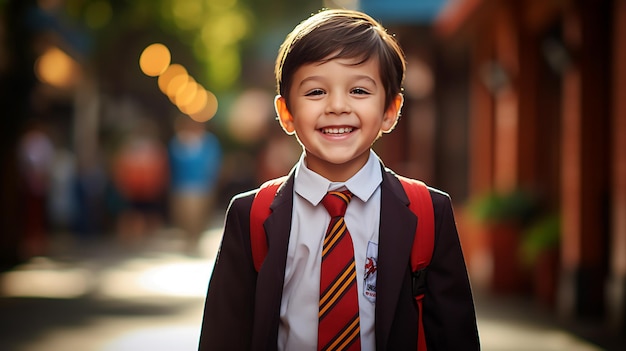Torna a scuola tempo ragazzo sorridente che indossa abiti scolastici