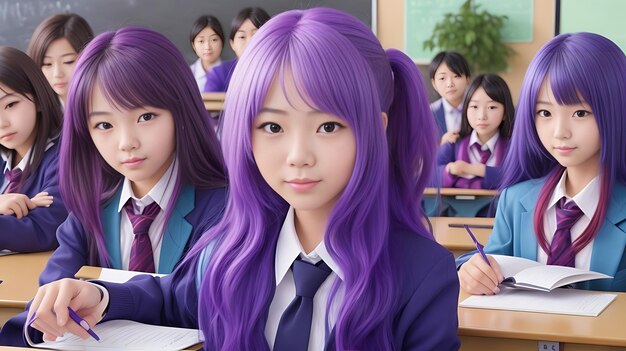 Torna in classe Bella ragazza giapponese di 21 anni Studente dai capelli multicolori Studente all'università