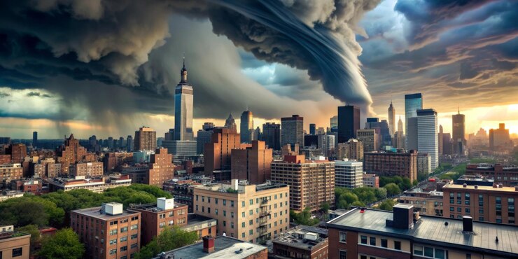 Tornado che si avvicina al quartiere suburbano al tramonto con condizioni meteorologiche intense