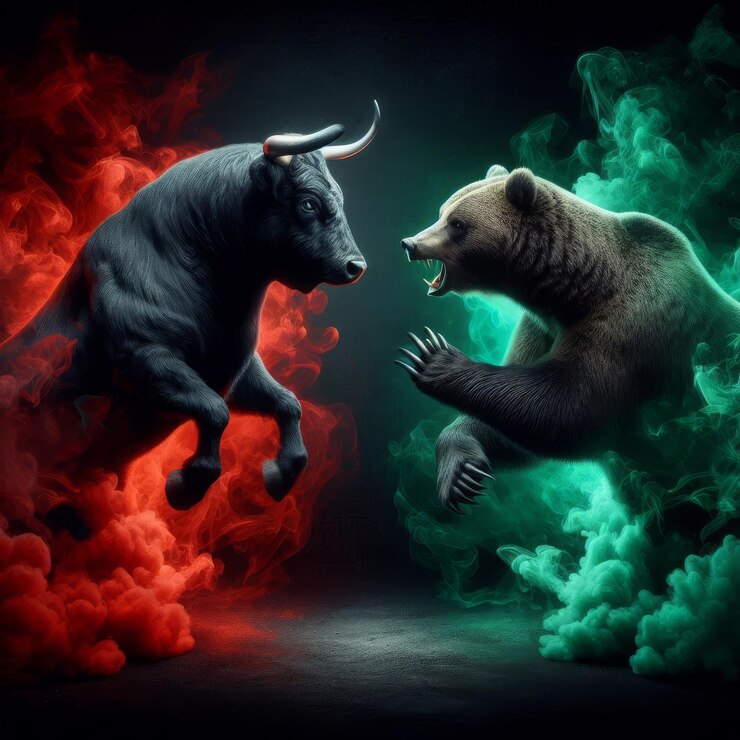 Toro contro Orso Una battaglia di mercato in contrasto fiero e ghiacciato che simboleggia la dinamica della concorrenza finanziaria
