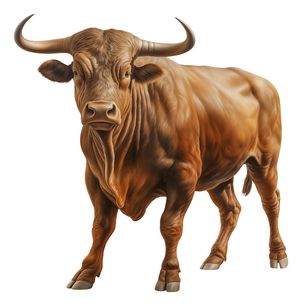 Toro isolato su uno sfondo bianco o trasparente primo piano di un toro con le corna appese o cadenti a