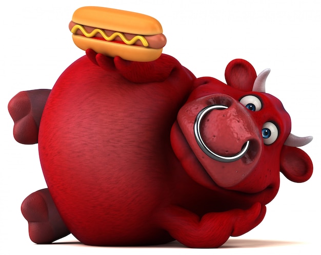 Toro rosso divertente 3d che tiene un hot dog