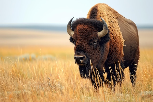 Toro selvaggio del bisonte americano che sta nella prateria erbosa