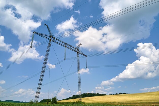 Torre ad alta tensione con linee elettriche tra verdi campi agricoli. Trasferimento del concetto di elettricità.