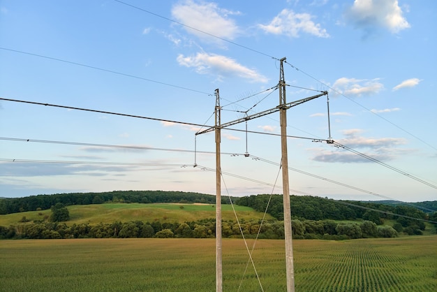 Torre con linee elettriche per il trasferimento di elettricità ad alta tensione situata in un campo di grano agricolo. Consegna del concetto di energia elettrica.