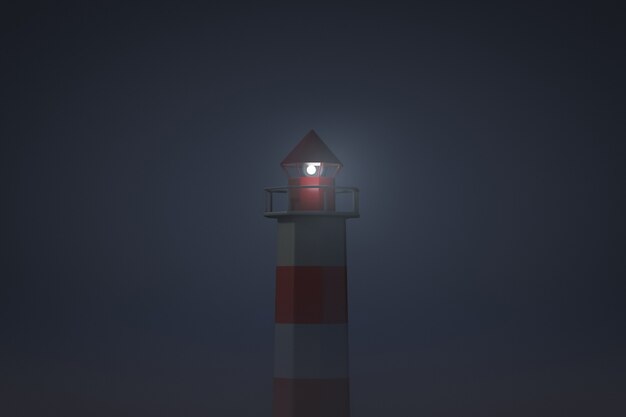 Torre del faro nautico nella notte nebbiosa