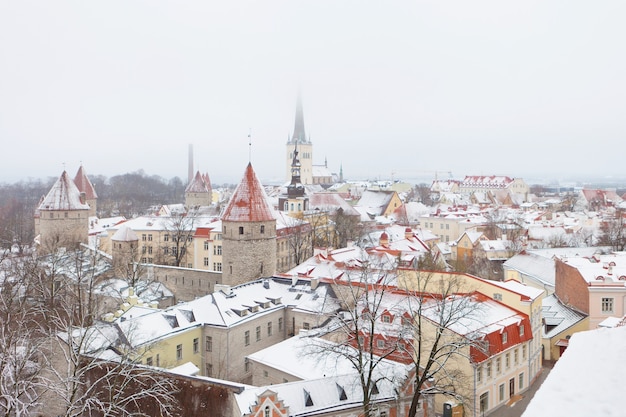 Torre della cinta muraria e chiesa cattolica oleviste presso la città vecchia di Tallinn in Estonia in inverno. Architettura gotica scandinava dell'affascinante città medievale di Tallinn Old Town e neve.