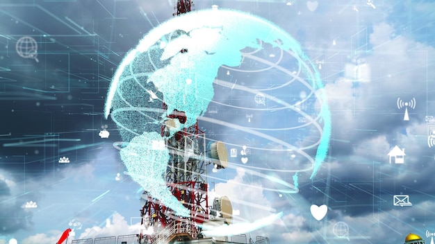 Torre delle telecomunicazioni con grafica 3D dell'alterazione del business globale