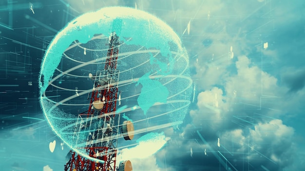 Torre delle telecomunicazioni con grafica 3D dell'alterazione del business globale