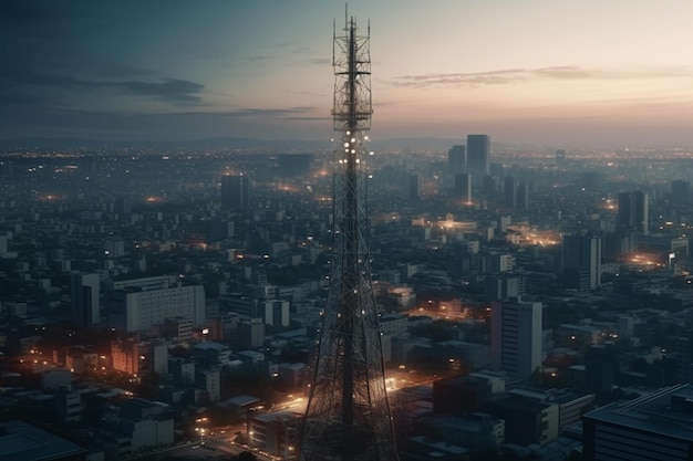 torre delle telecomunicazioni con un paesaggio urbano sullo sfondo ai generativo