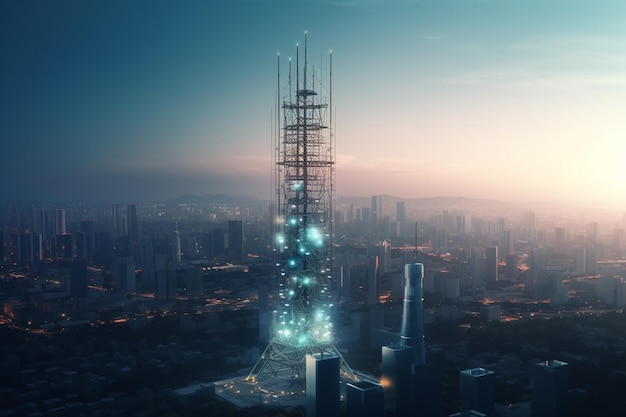 torre delle telecomunicazioni con un paesaggio urbano sullo sfondo ai generativo