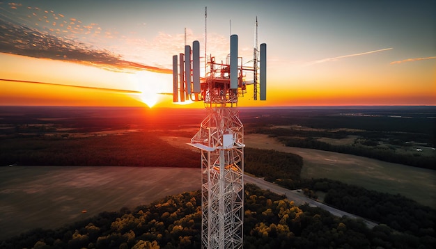 Torre di comunicazione mobile durante il tramonto dall'alto