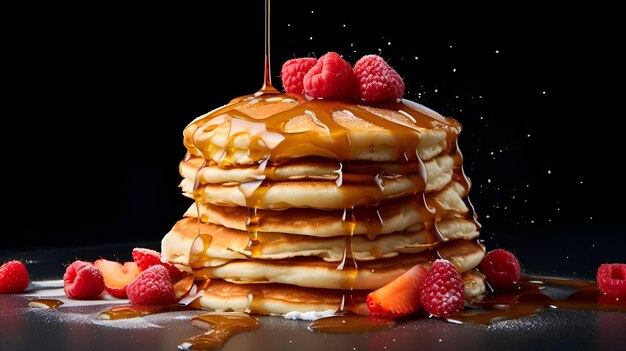 Torre di pancake soffici con una goccia di sciroppo