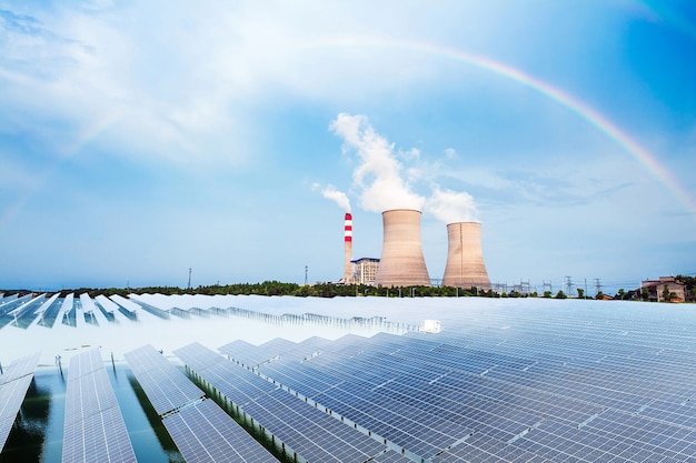 Torre di raffreddamento e pannello fotovoltaico della centrale elettrica