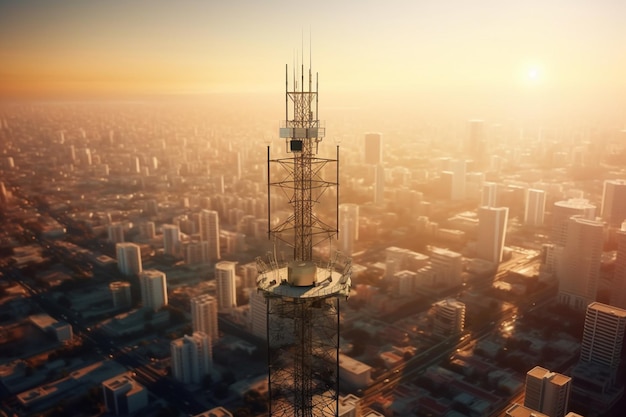 Torre di telecomunicazione con cielo blu e sfondo paesaggio urbano ai generativa