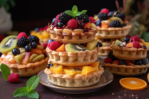 Torre di torte di frutta con ogni torta sormontata da un frutto diverso creato con l'IA generativa