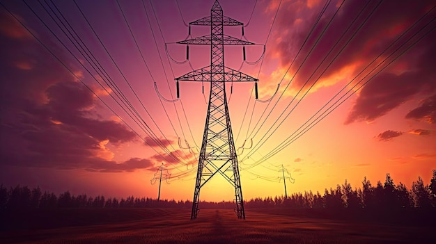 Torre di trasmissione elettrica ad alta tensione al tramonto Generativo Ai