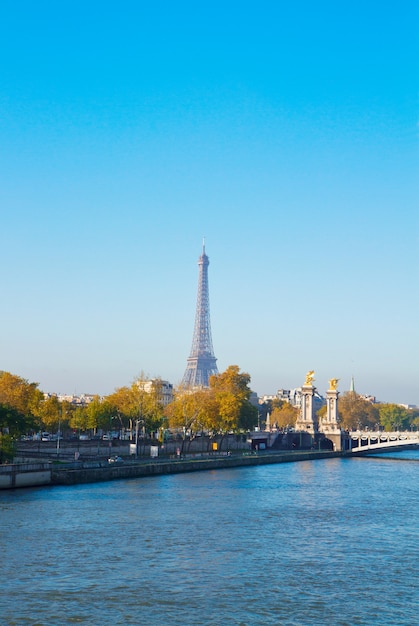 Torre Eiffel su Alexandre III Bridgeat presso la riva della Senna, Parigi, Francia
