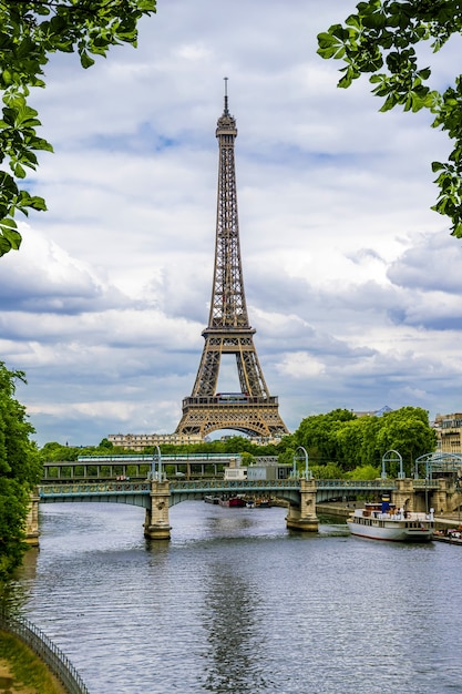 Torre Eiffel sullo sfondo del fiume Senna circondato da foglie. Parigi. Francia.