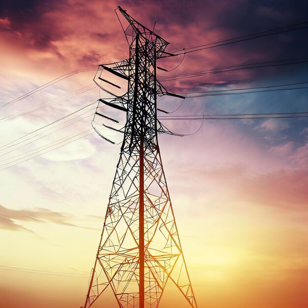 Torre elettrica contro il cielo nuvoloso al tramonto