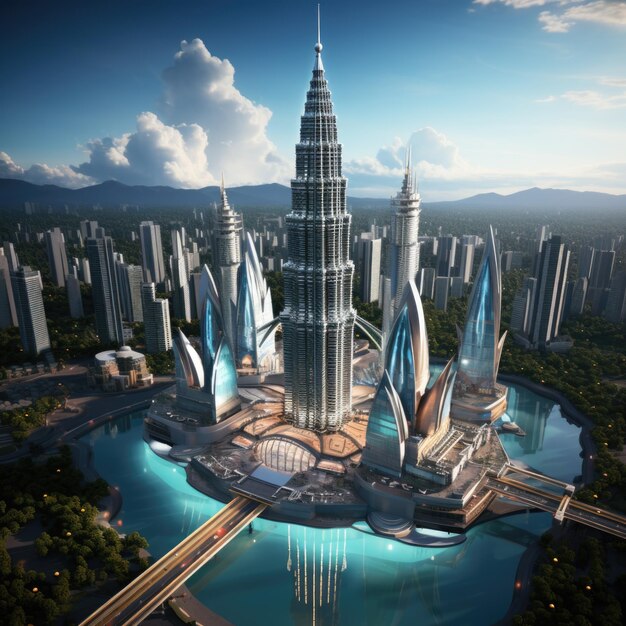 Torre gemelle petronas opere d'arte in miniatura luoghi famosi di Kuala Lumpur Malesia rendering 3d colorato