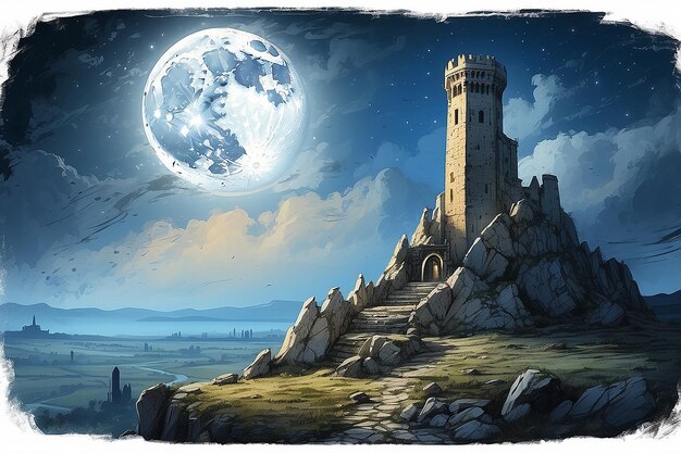 Torre medievale sotto una luna blu in rovina paesaggio spaccato