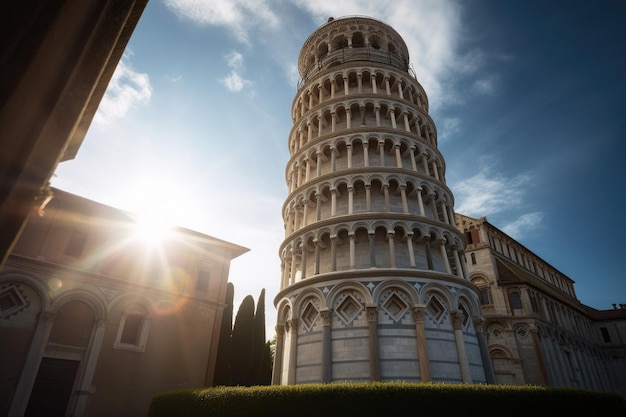 Torre pendente di Pisa in un paesaggio sereno e generativo IA