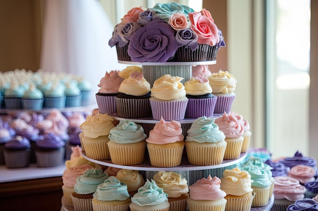 Torre per cupcake con livelli a cascata di cupcake color pastello creati con l'IA generativa