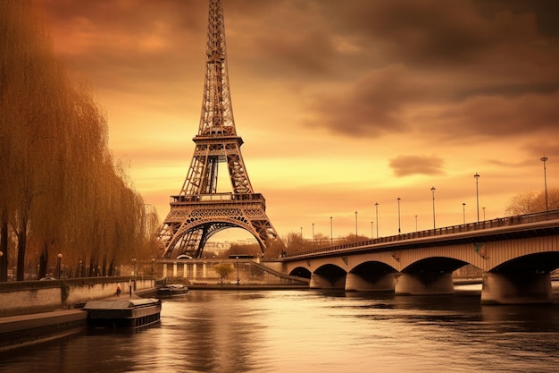 Torre su un ponte al tramonto