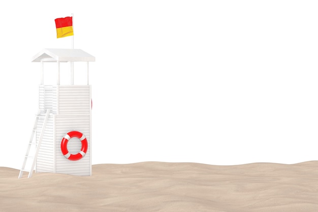 Torretta del bagnino sul primo piano estremo della spiaggia soleggiata della sabbia su un fondo bianco. Rendering 3D