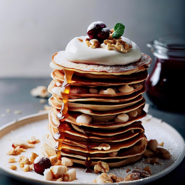 Torretta di pancake con noci di yogurt e marmellata di ciliegie