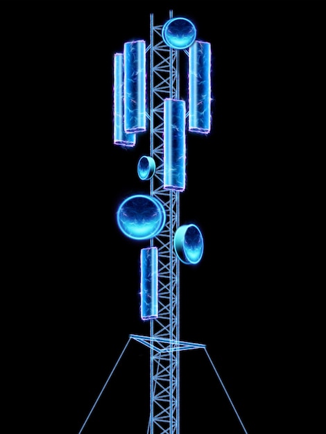 Torri 5G, comunicazioni mobili di quinta generazione, Wi-Fi e antenna per telecomunicazioni. Standard 5G, tecnologie di trasmissione del segnale, Internet mobile ad alta velocità. Rendering 3D, illustrazione 3D.