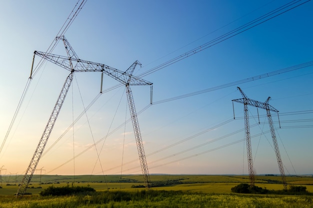 Torri ad alta tensione con linee elettriche al tramonto