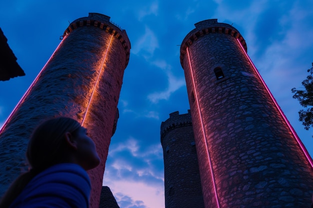 Torri del castello con strisce di led al crepuscolo e una persona che guarda in alto