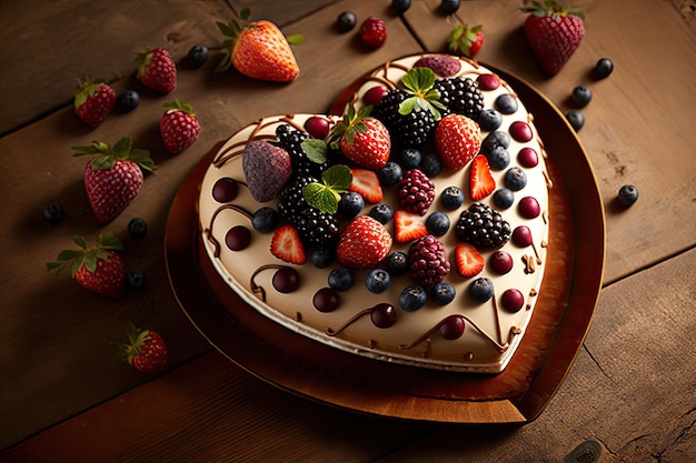 Torta a cuore per la festa della mamma o il compleanno di San Valentino decorata su un tavolo di legno IA generativa