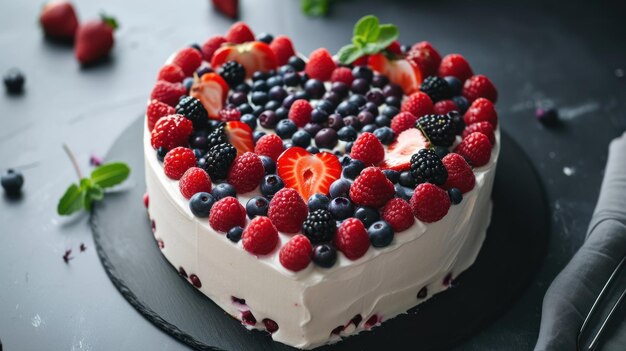 Torta a forma di cuore con bacche e fragole