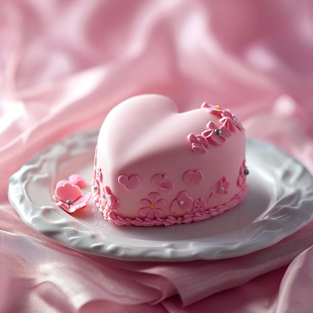 Torta a forma di cuore rosa per il giorno di San Valentino decorata con fiori