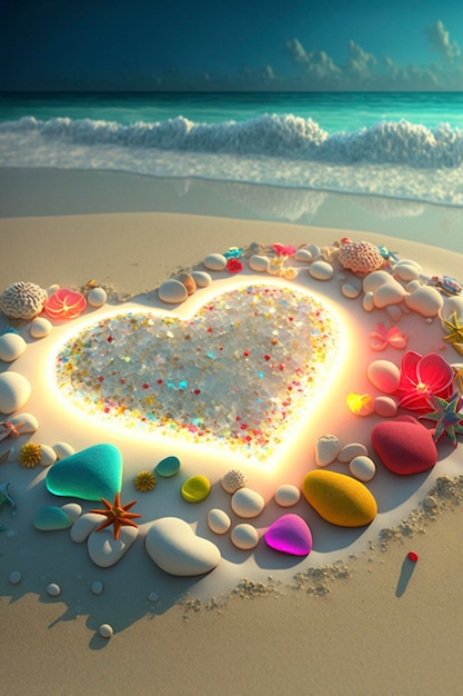 Torta a forma di cuore seduta in cima a una spiaggia sabbiosa Generative Ai