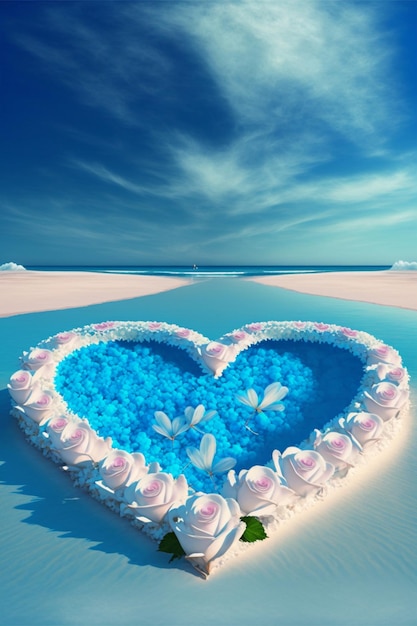 Torta a forma di cuore seduta in cima a una spiaggia sabbiosa Generative Ai