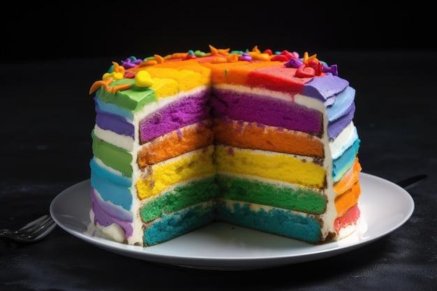 Torta a strati arcobaleno con ogni strato diverso per colore e sapore creato con l'IA generativa