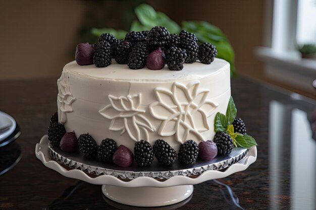 Torta a tema bianco e nero con glassa di crema di formaggio alle more creata con l'IA generativa