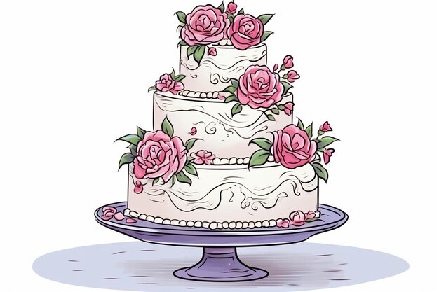 Torta a tre livelli su un supporto in stile doodle matrimonio festivo con rose e fiori con perle