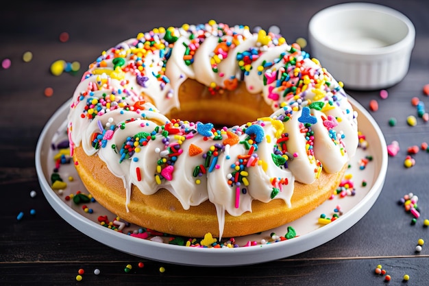 Torta ad anello realizzata con glassa alla vaniglia e guarnita con codette colorate