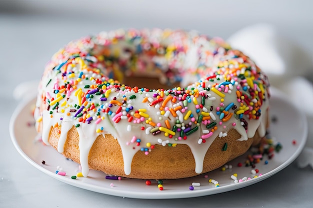 Torta ad anello realizzata con glassa alla vaniglia e guarnita con codette colorate